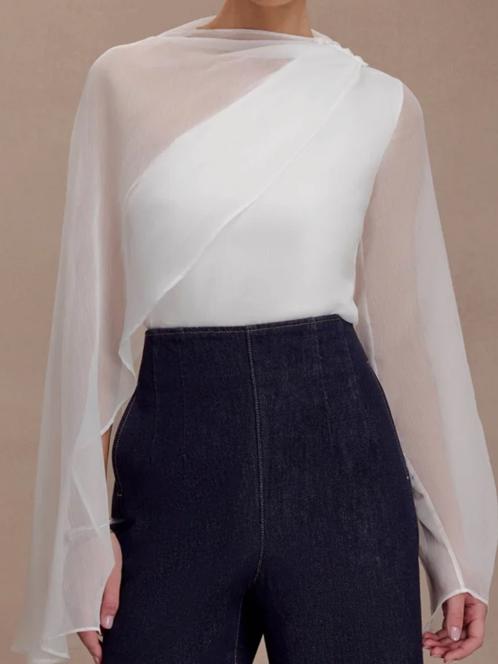 Meshki Ida Sheer Asymmetrical Long Sleeve Cape - White (small)